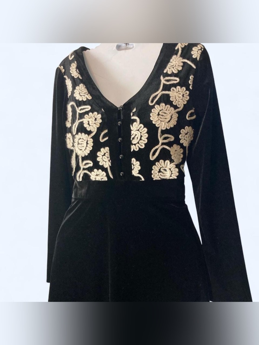 Black velvet midi dress with white floral embroidery and button-up front L